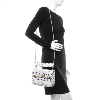 Valentino Garavani Lambskin VLTN Print Medium Rockstud Spike Shoulder Bag Optic White Black 2 of 7