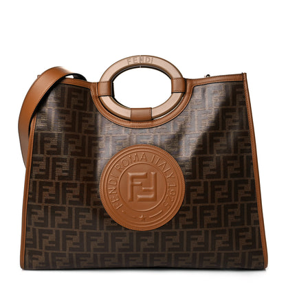 Fendi Glazed Fabric Vitello Century Plexiglass FF 1974 Stamp Patch Medium Runaway Shopper Tote Mogano Panna Nocciola 1 of 11