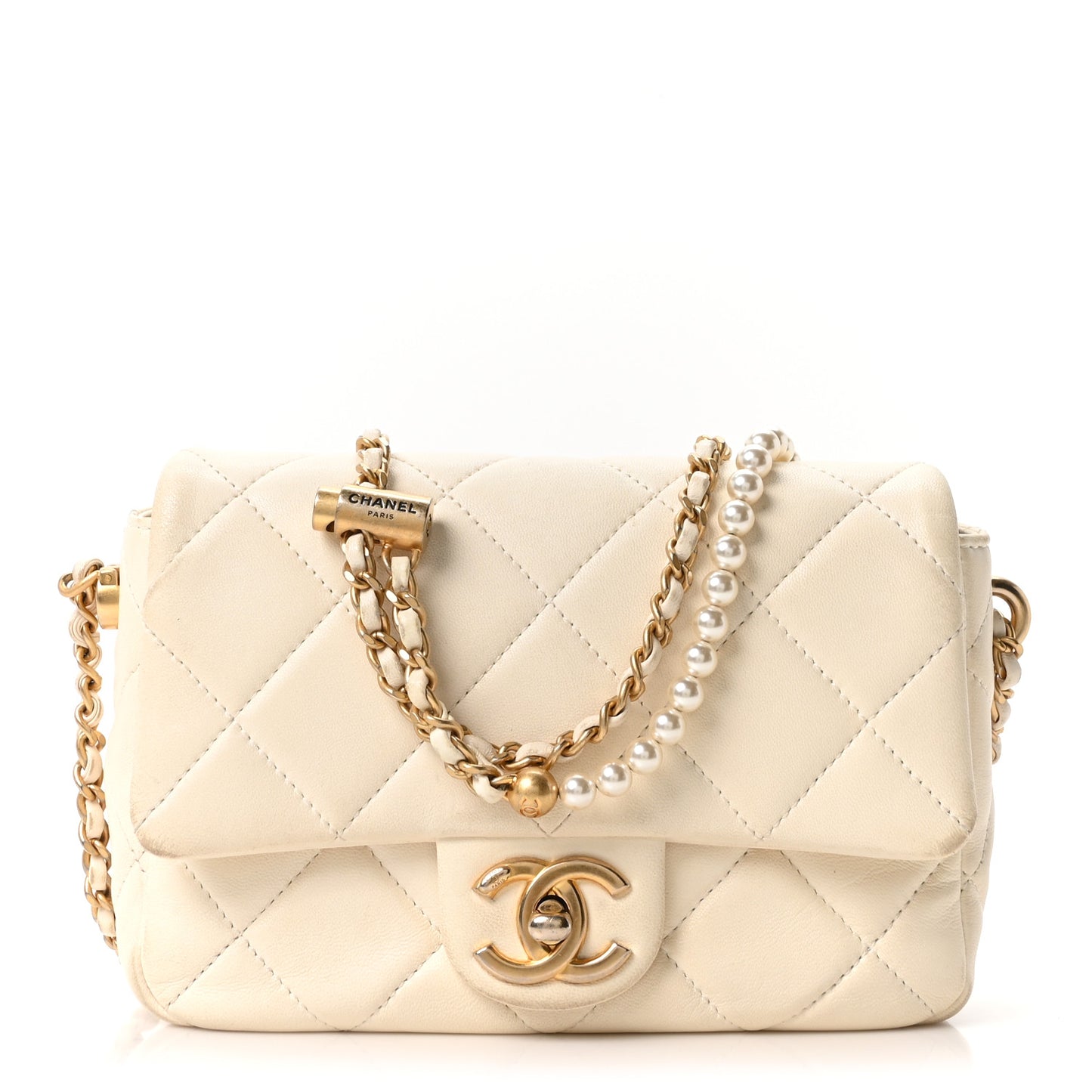 Shiny Lambskin Quilted Pearl Twist Mini Square Flap White