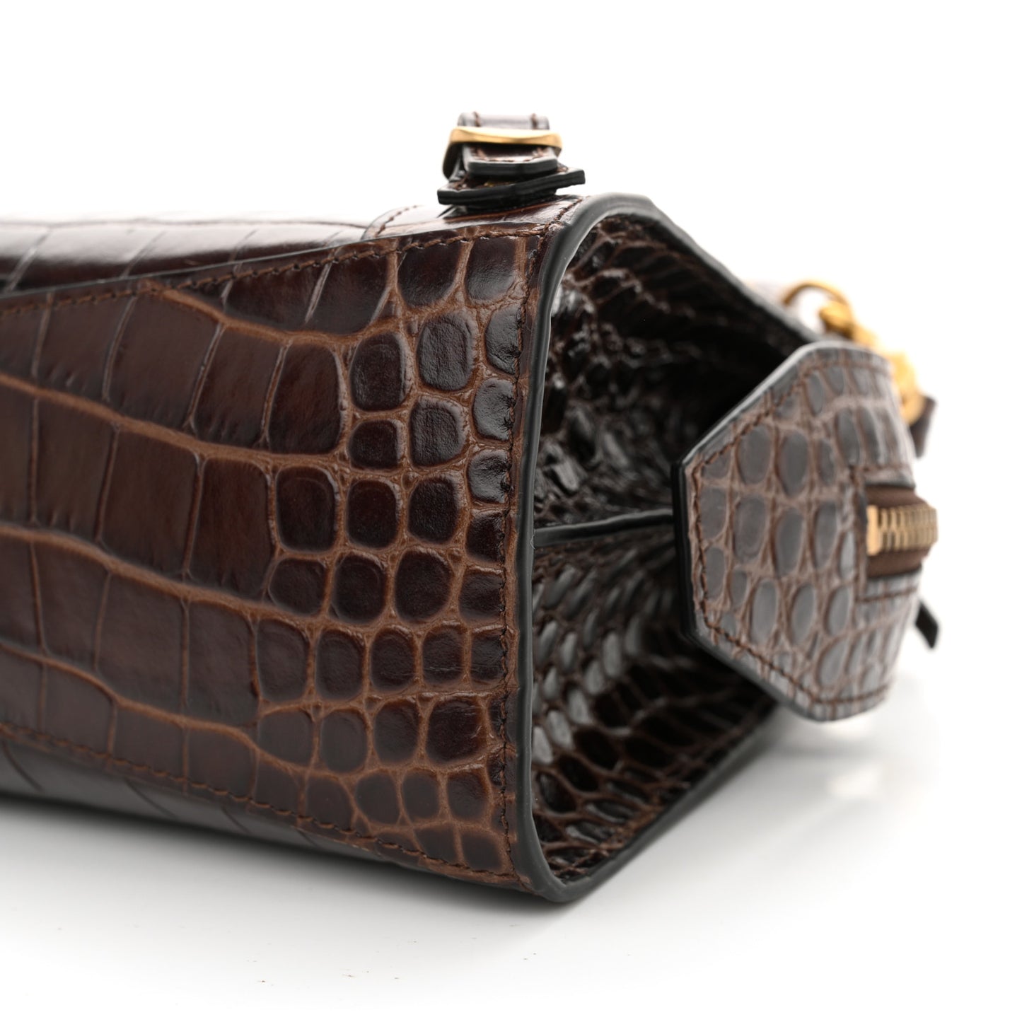 Semi Shiny Calfskin Crocodile Embossed Neo Classic Gold Hardware Mini City Dark Brown