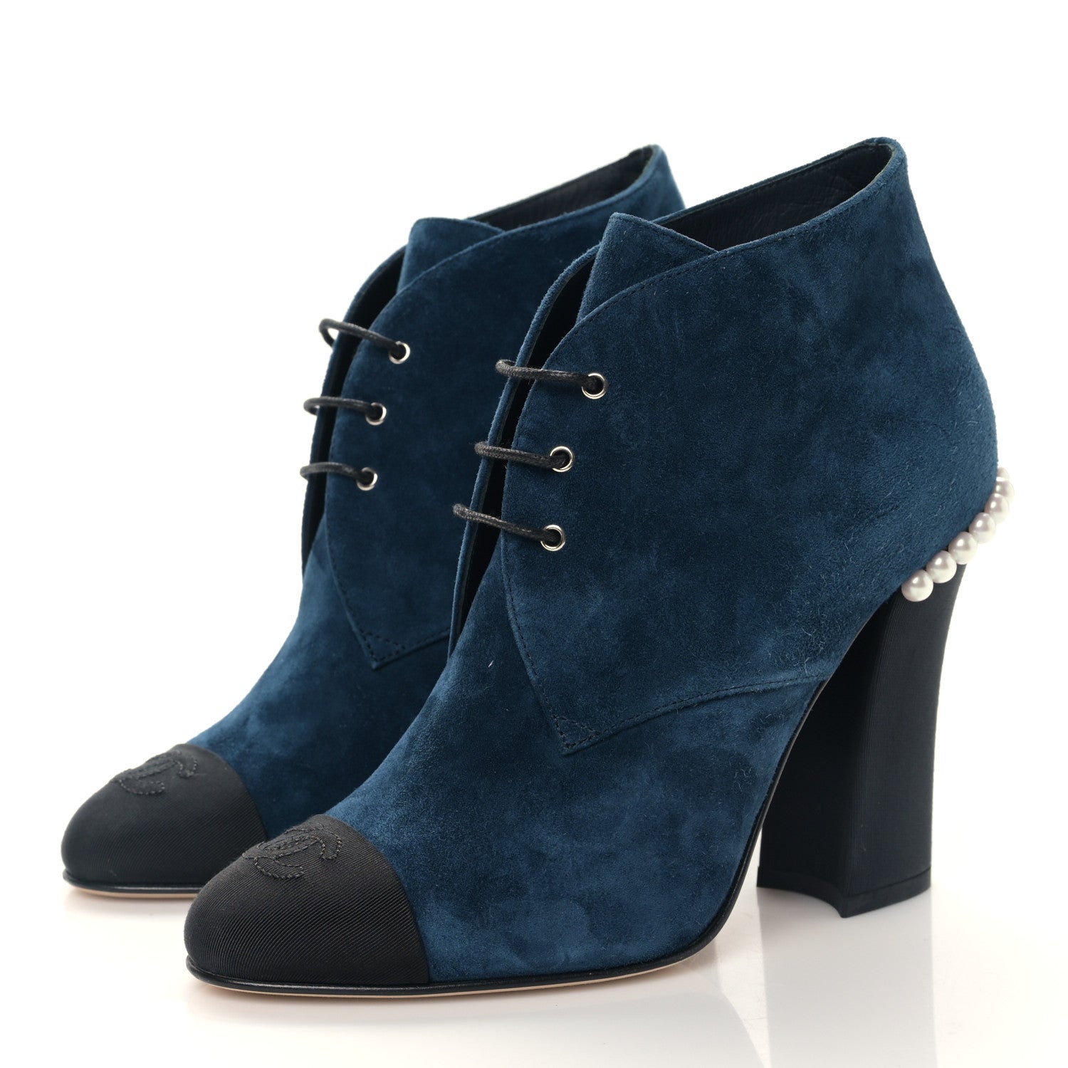 Chanel Suede Grosgrain Pearl Lace Up Booties 37 Dark Blue Black 3 of 8