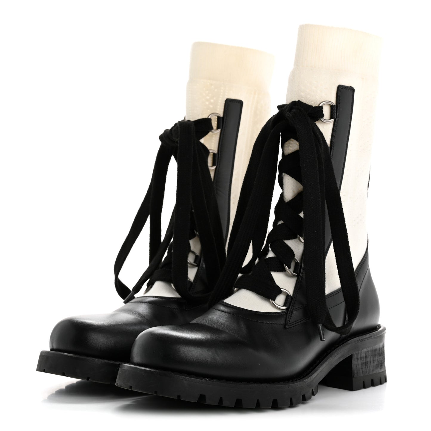 Calfskin Knit Fabric Diorland Combat Boots 38 Black White