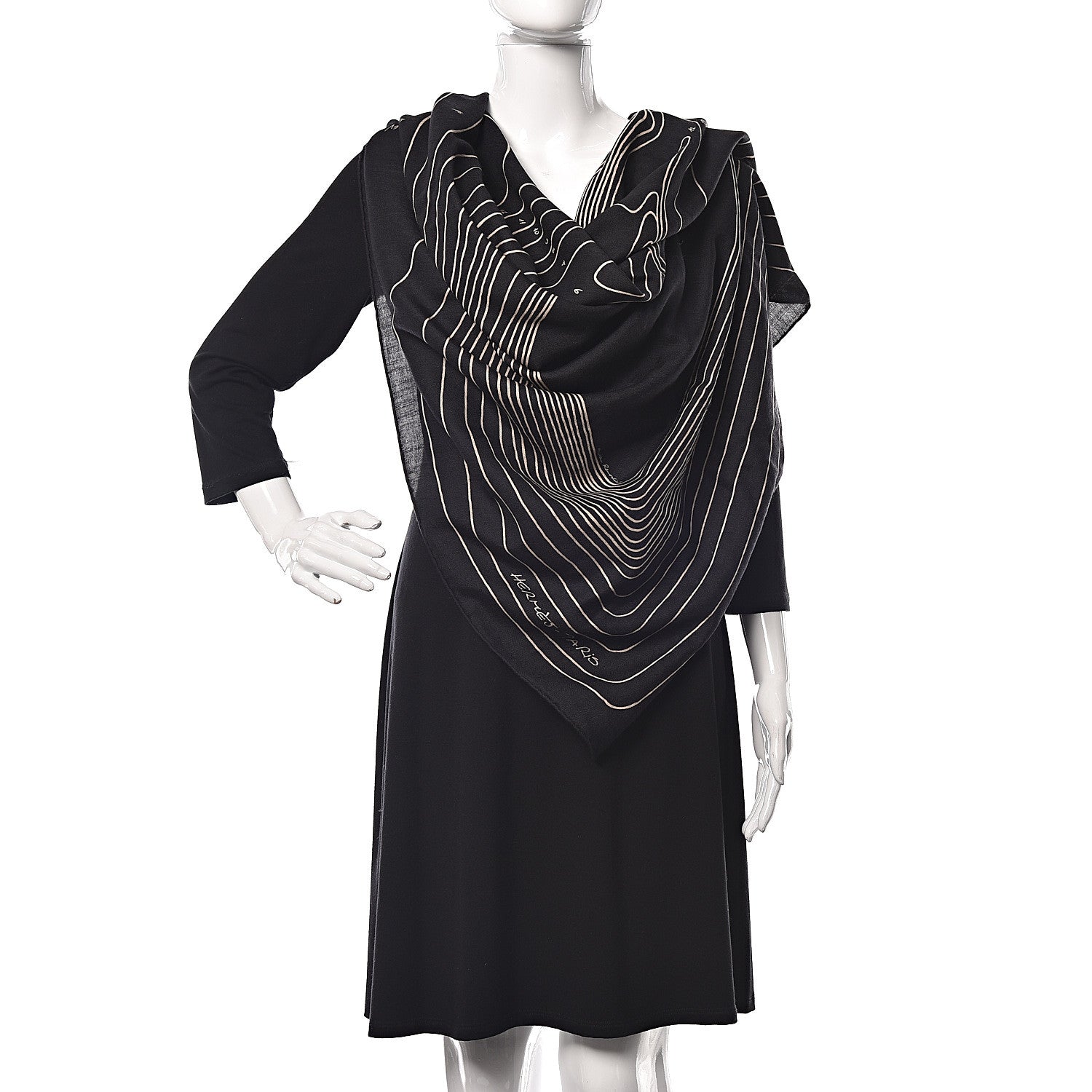Hermes Cashmere Silk Pegase Paysage Shawl 140 Beige Black 2 of 5