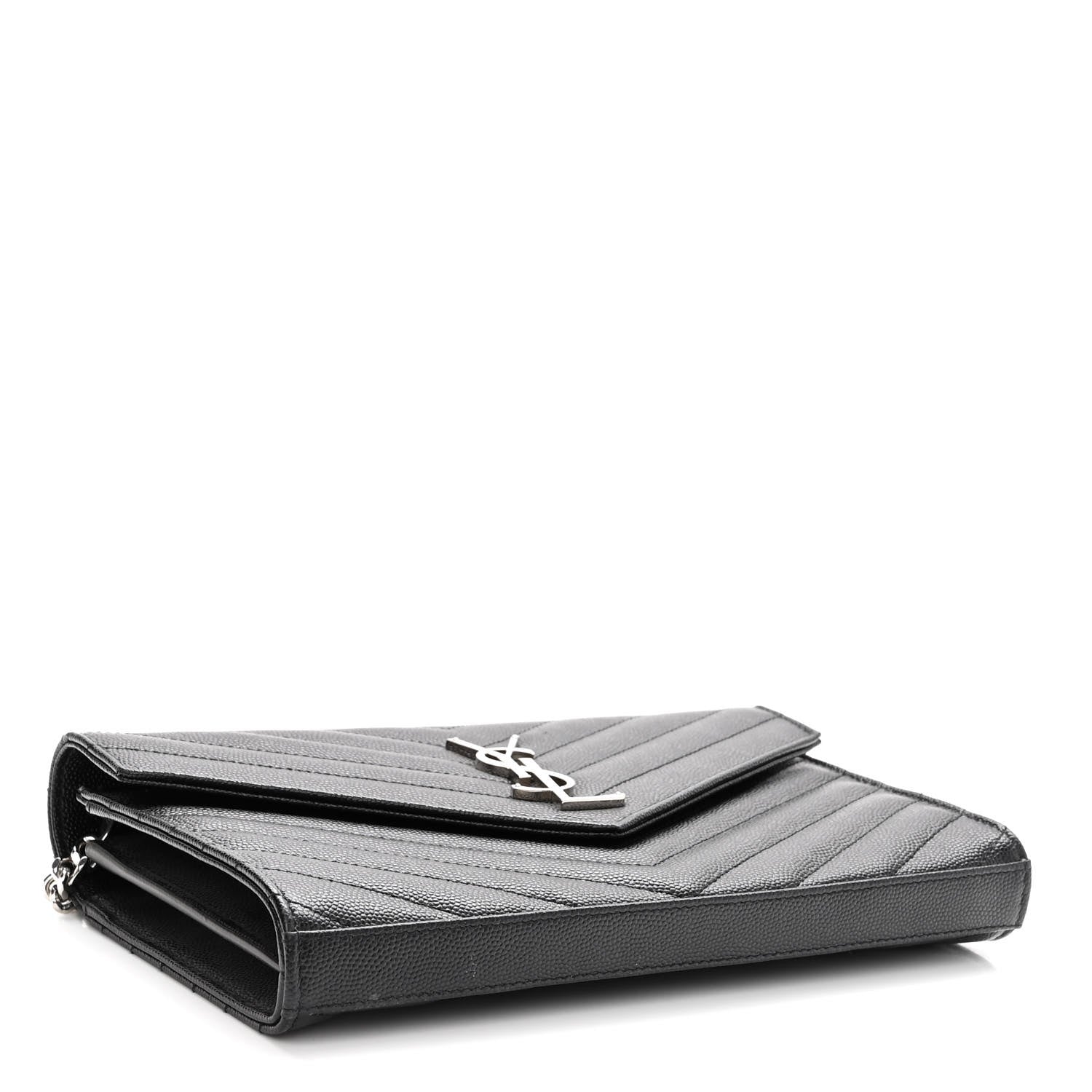Saint Laurent Grain De Poudre Matelasse Chevron Monogram Chain Wallet Black 4 of 9