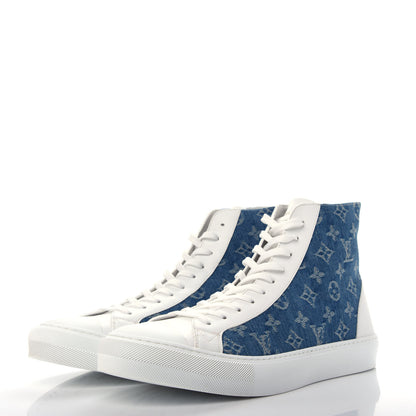 Louis Vuitton Calfskin Denim Monogram Mens Tattoo Sneaker Boots 11 Blue White 3 of 12