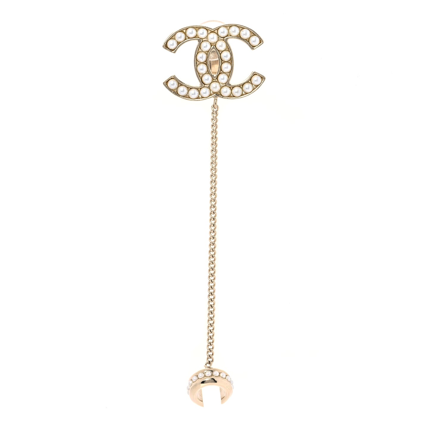 Pearl CC Chain Cuff Single Clip on Earring Gold Pearly White