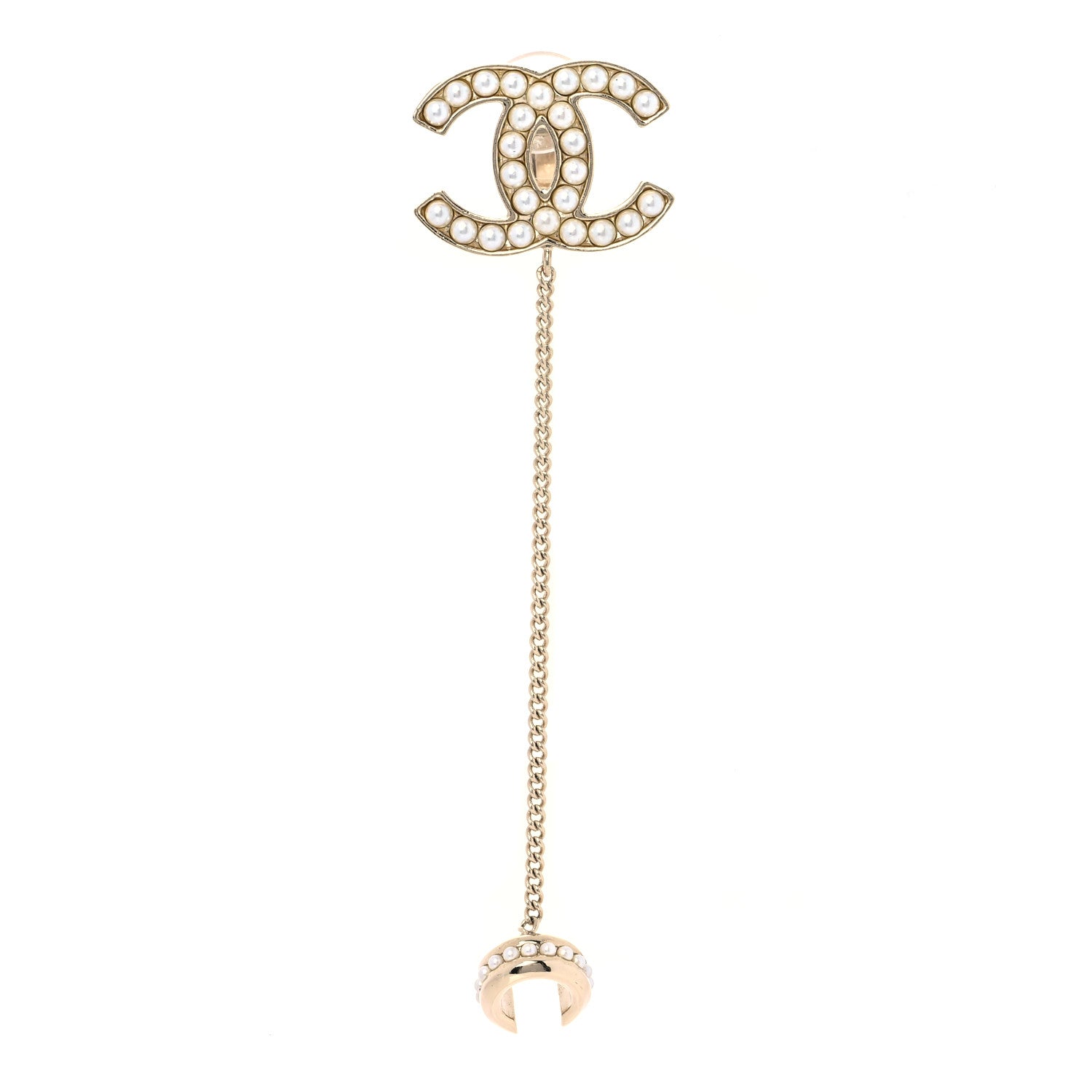 Chanel Pearl CC Chain Cuff Single Clip on Earring Gold Pearly White 1 of 5