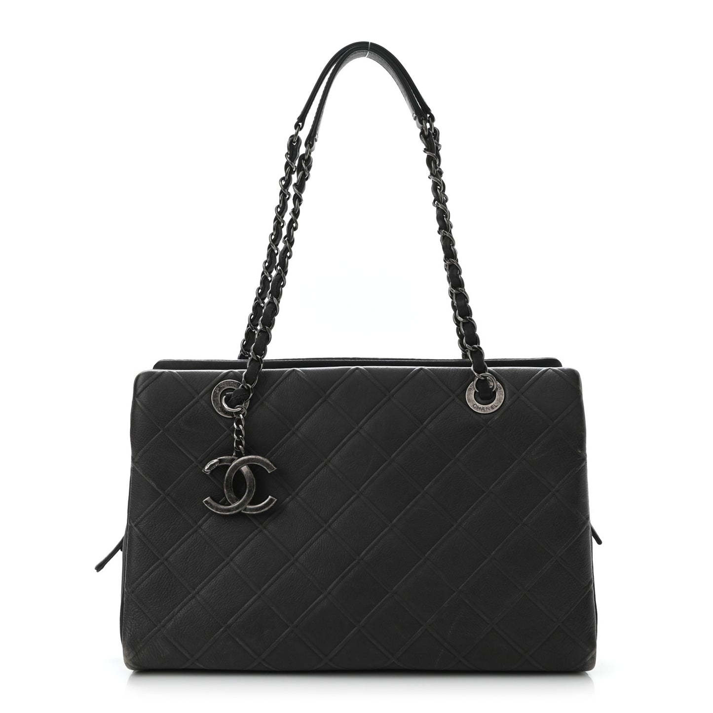 Calfskin Diamond Embossed Large CC Zip Shopping Tote Grey