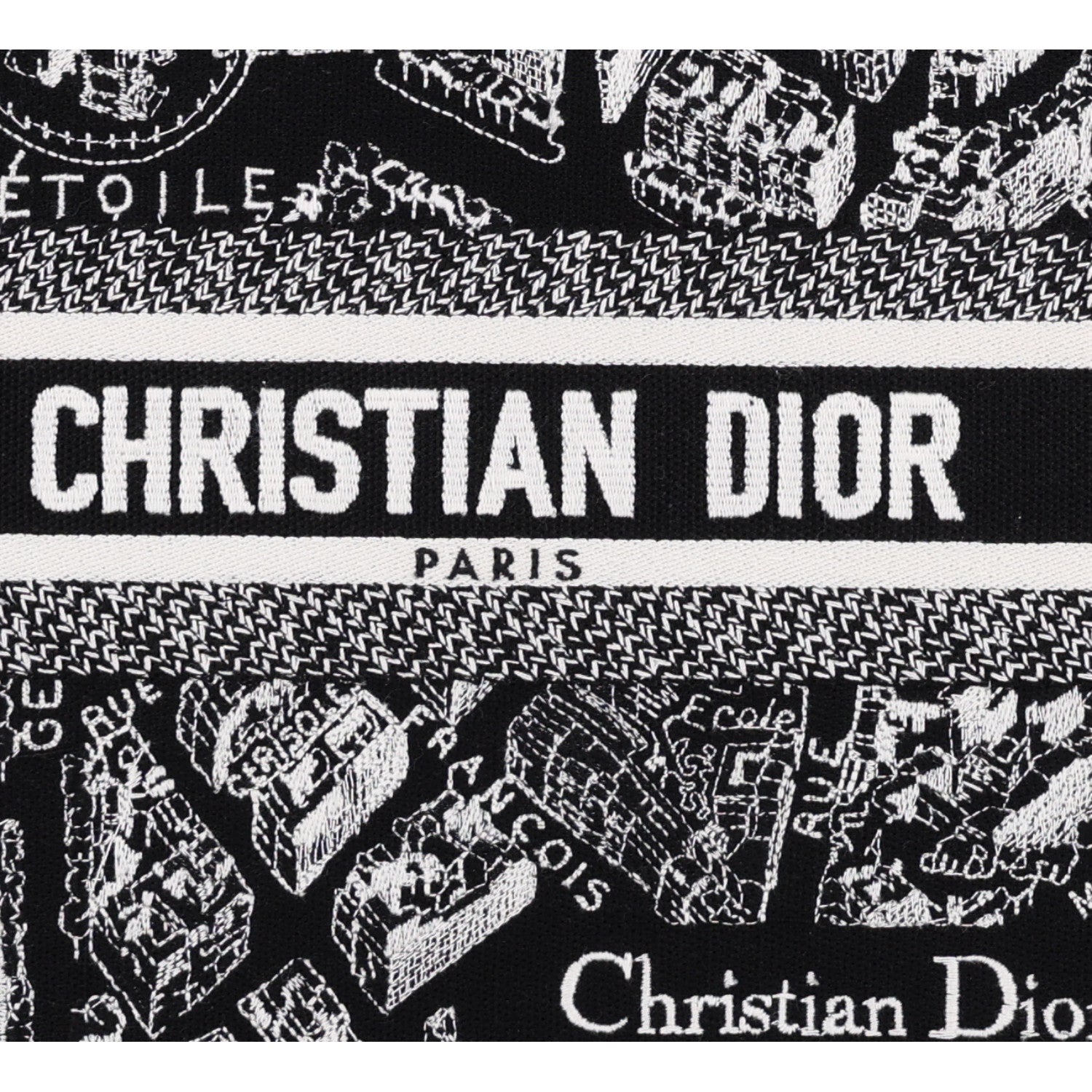 Christian Dior Canvas Calfskin Embroidered Small Plan De Paris Book Tote With Strap Black White 8 of 10