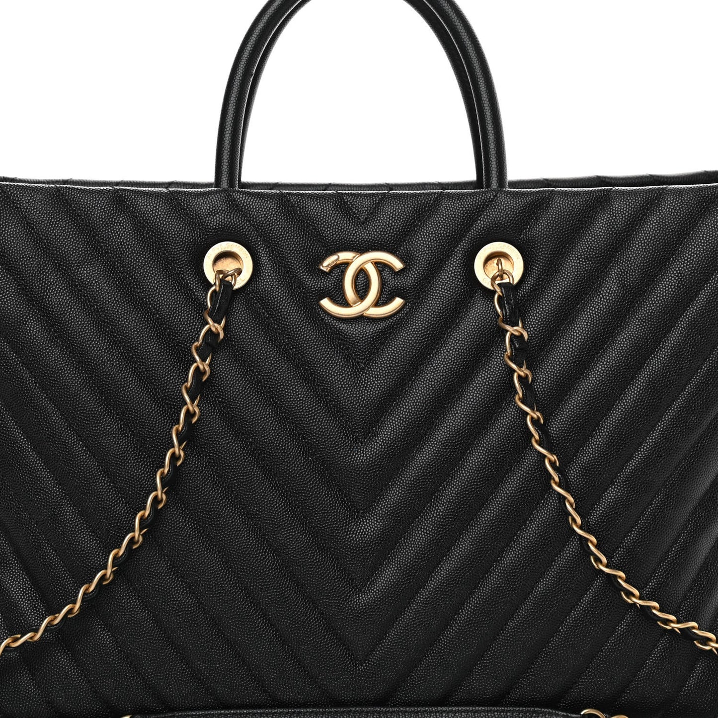 Caviar Chevron Quilted Coco Handle Shopping Tote Black