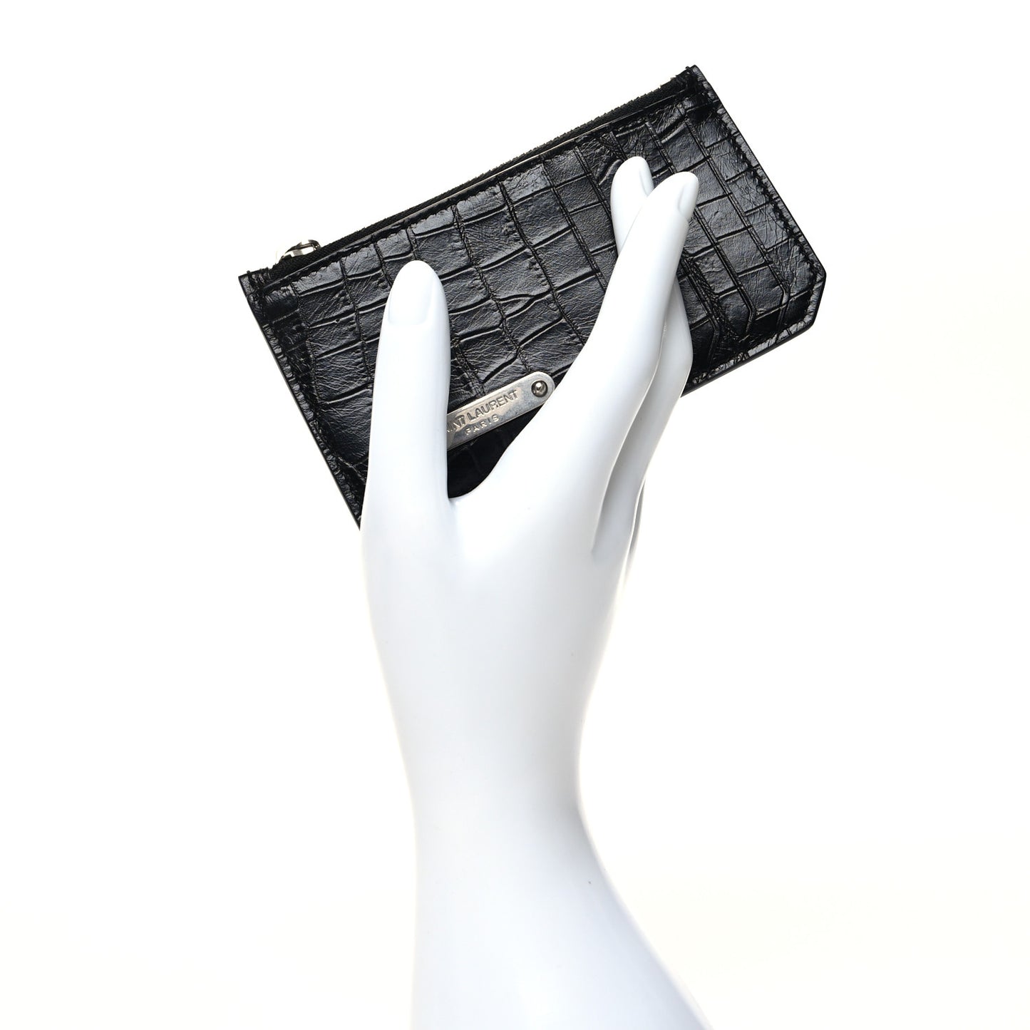 Calfskin Crocodile Embossed 5 Fragments Zip Pouch Card Holder Black