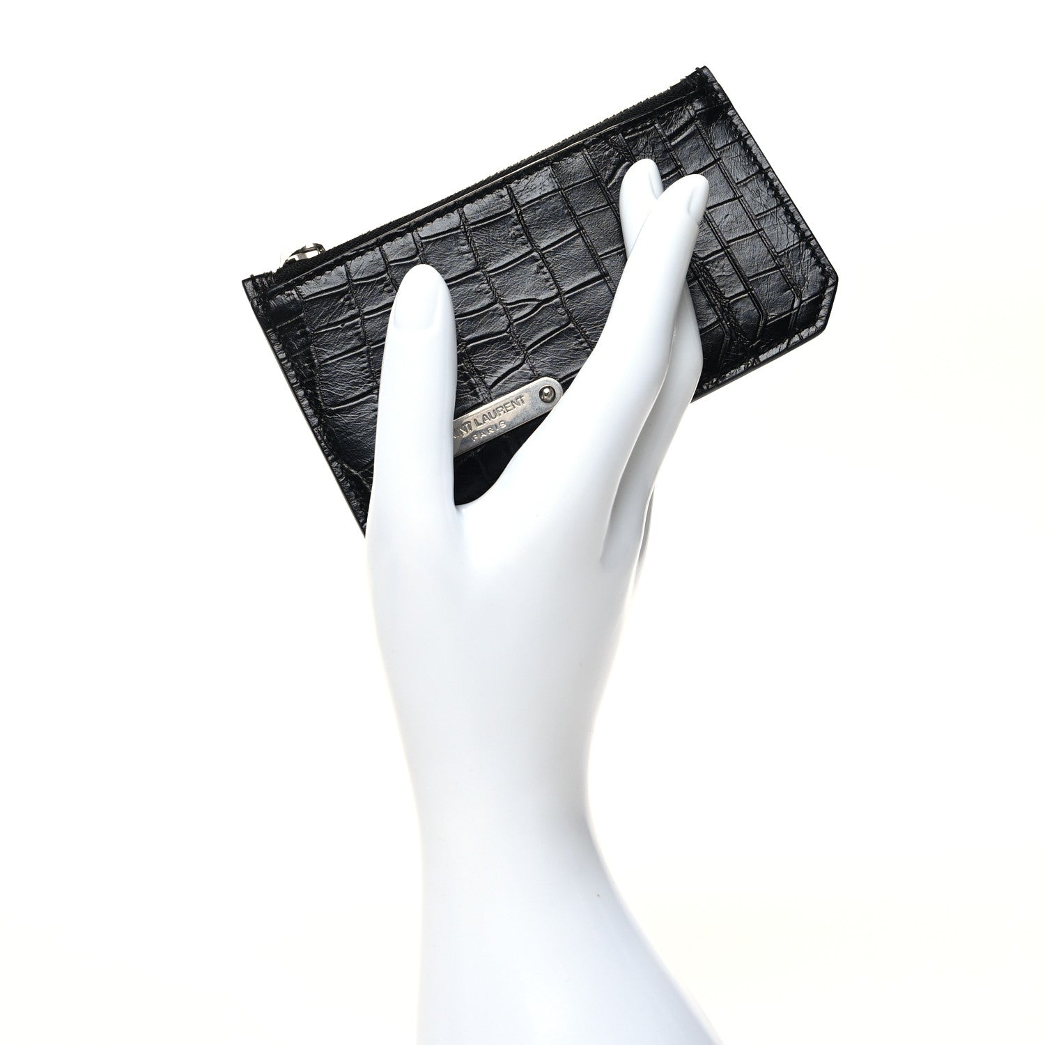 Saint Laurent Calfskin Crocodile Embossed 5 Fragments Zip Pouch Card Holder Black 2 of 10
