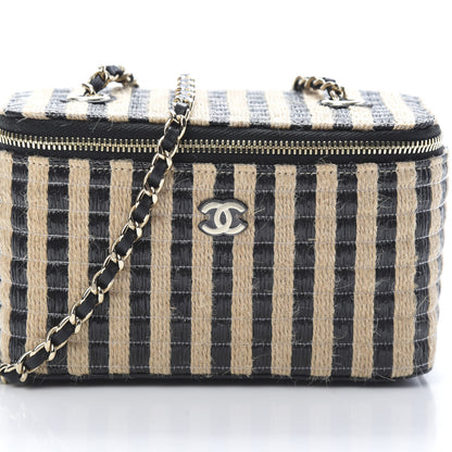 Chanel Raffia Jute Striped Small Vanity Case With Chain Black Beige 8 of 11
