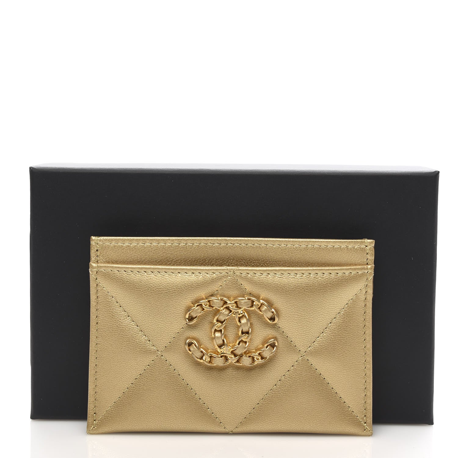 Chanel Metallic Goatskin Quilted Chanel 19 Card Holder Gold 9 of 9