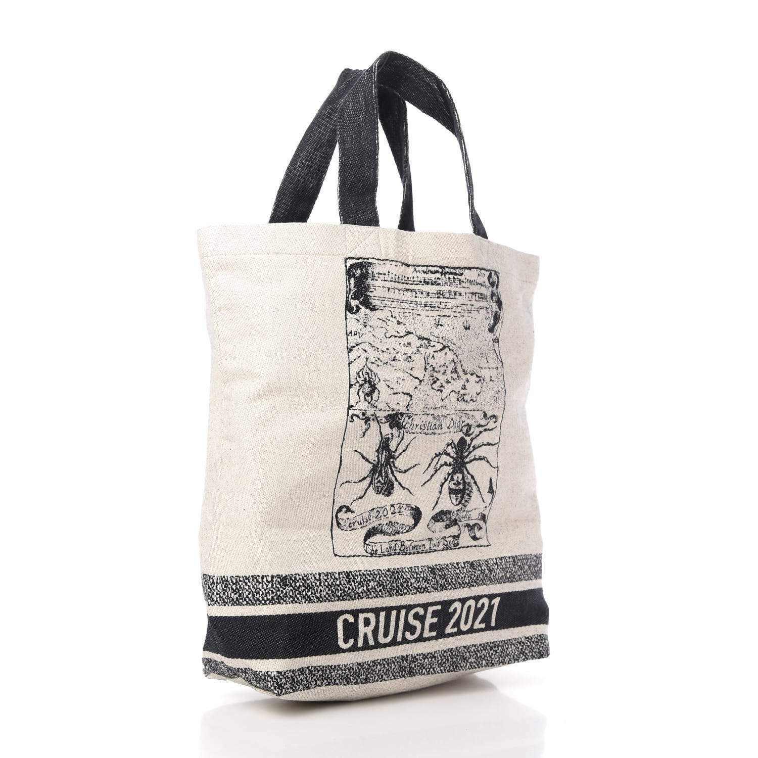 Christian Dior Canvas Print Cruise Tote Ivory Black 3 of 9