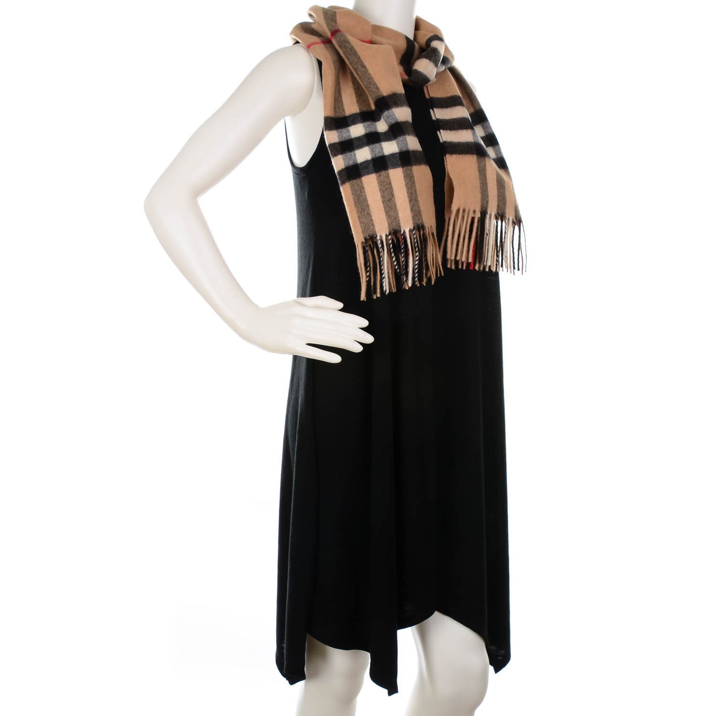 Cashmere Giant Check Fringe Scarf Camel