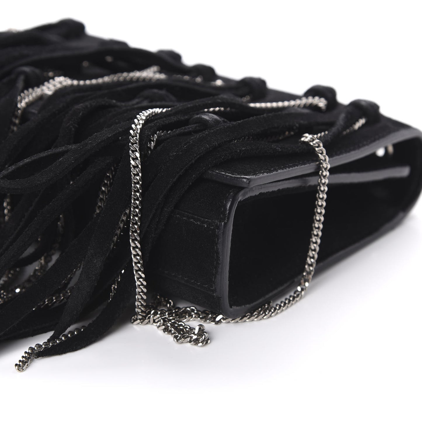 Suede Fringe Chain Monogram Satchel Black