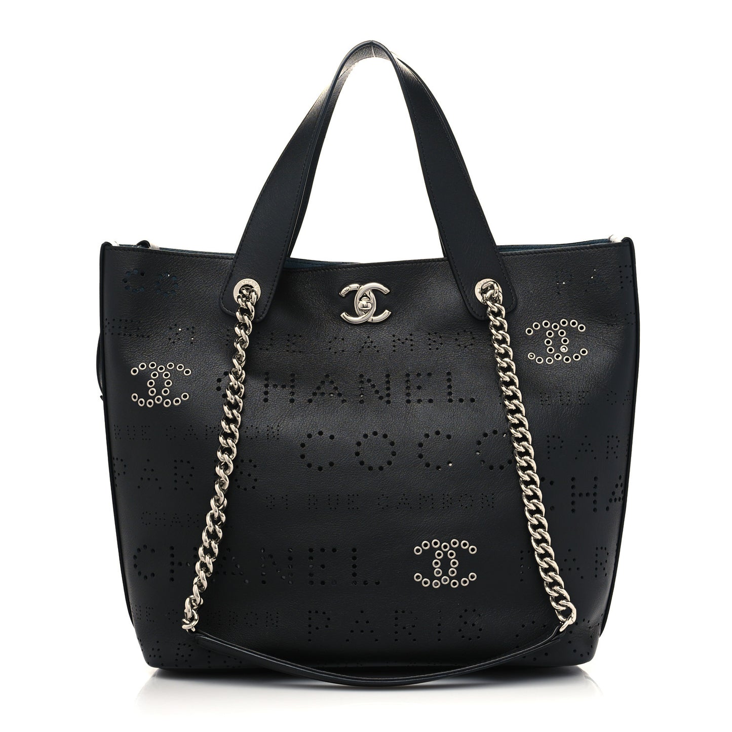 Calfskin Tweed Small Logo Eyelets Shopping Tote Black