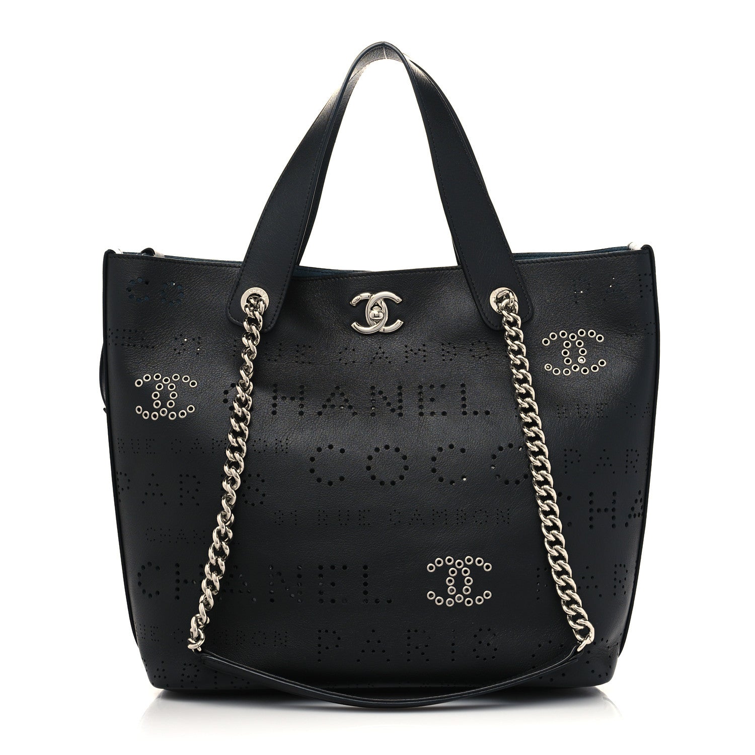 Chanel Calfskin Tweed Small Logo Eyelets Shopping Tote Black 3 of 10