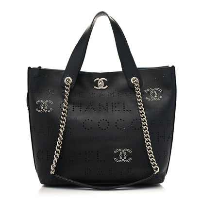 Chanel Calfskin Tweed Small Logo Eyelets Shopping Tote Black 3 of 10