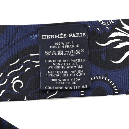 Hermes Silk Festival Des Amazones Bandana Fringed Twilly Bleu Black 3 of 4