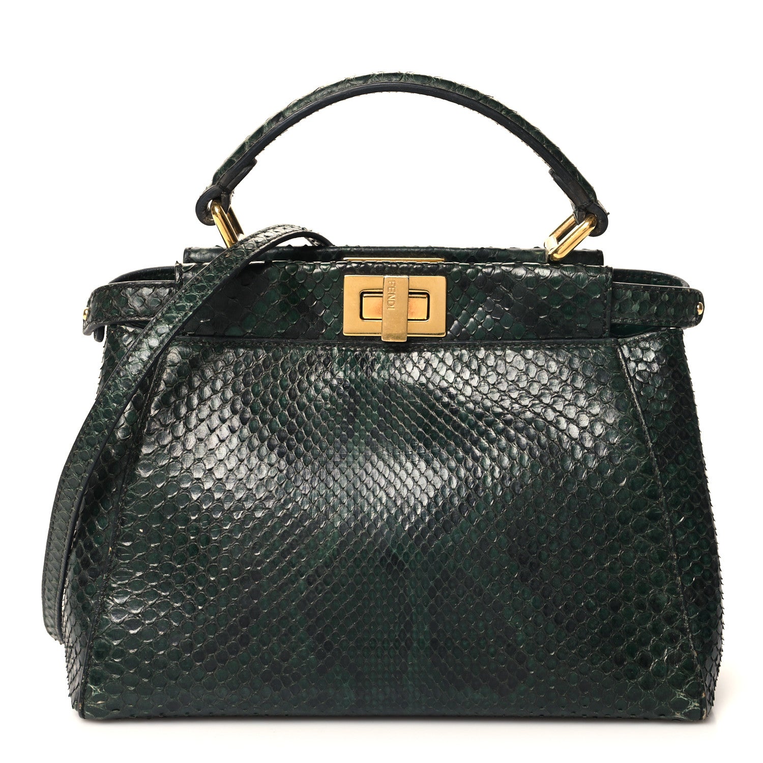 Fendi Snakeskin Shiny Nappa Mini Peekaboo Iconic Satchel Green 1 of 15
