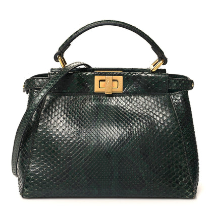 Fendi Snakeskin Shiny Nappa Mini Peekaboo Iconic Satchel Green 1 of 15