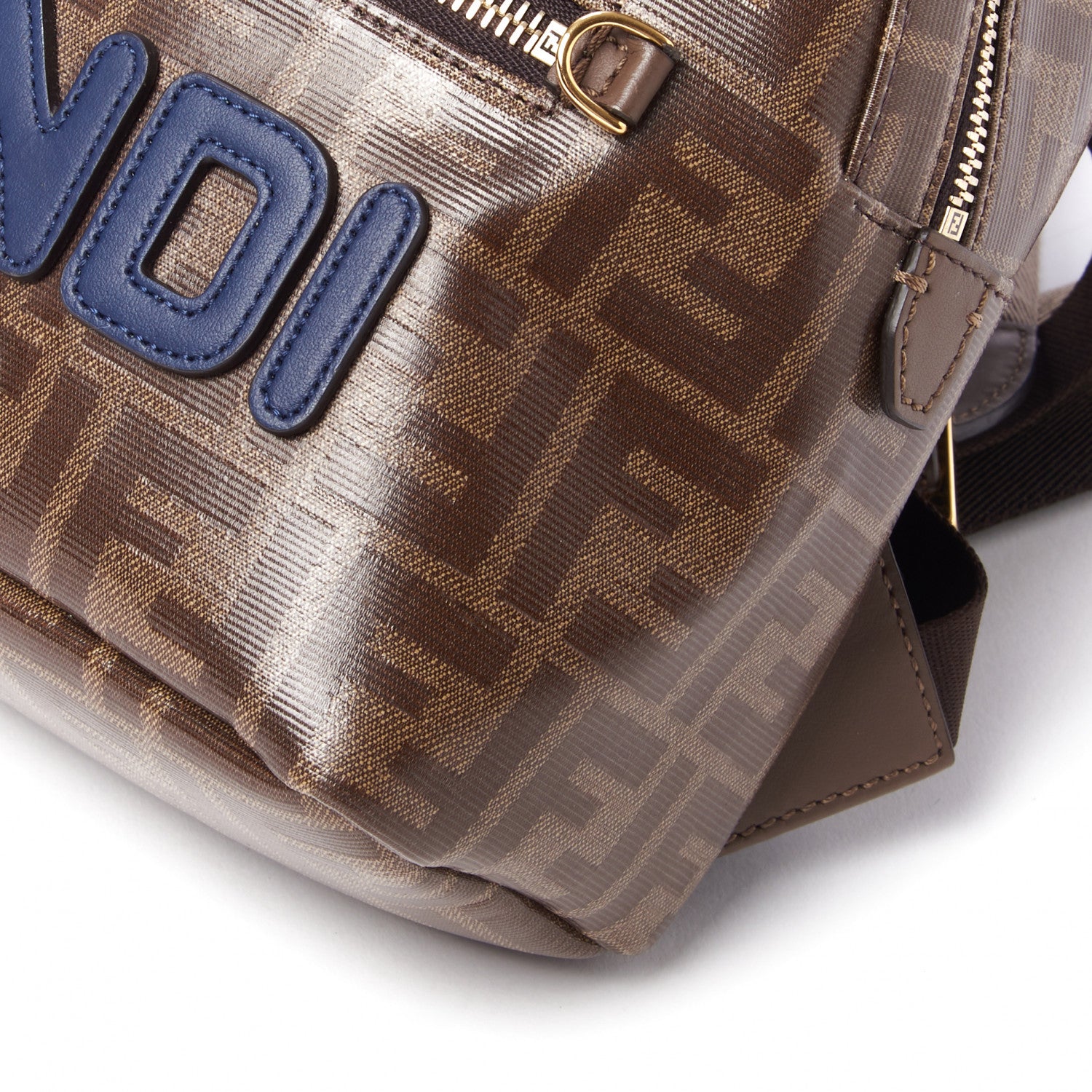 Fendi X FILA Glazed Fabric Vitello Century FF 1974 Mania Mini Backpack Mogano Panna Blueberry 5 of 9