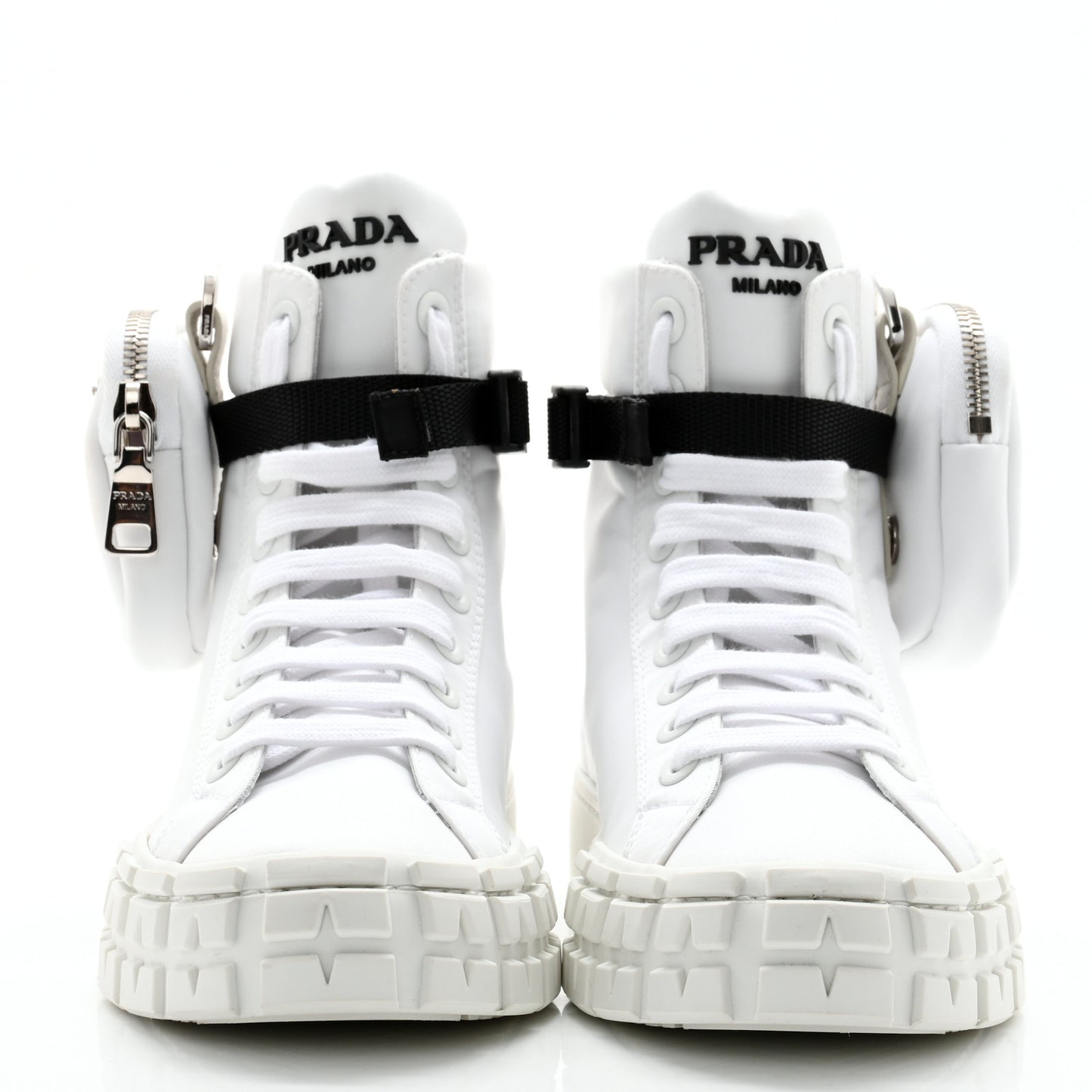 Re-Nylon Gabardine Metal Triangle Logo Wheel Pouch Pocket High Top Sneakers 38 White
