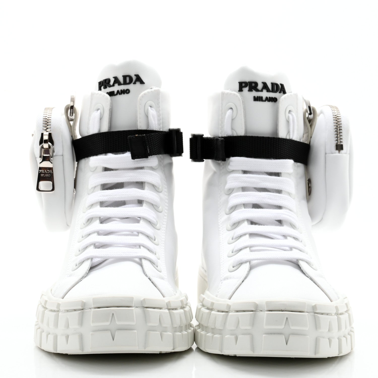 Prada Re-Nylon Gabardine Metal Triangle Logo Wheel Pouch Pocket High Top Sneakers 38 White 2 of 10