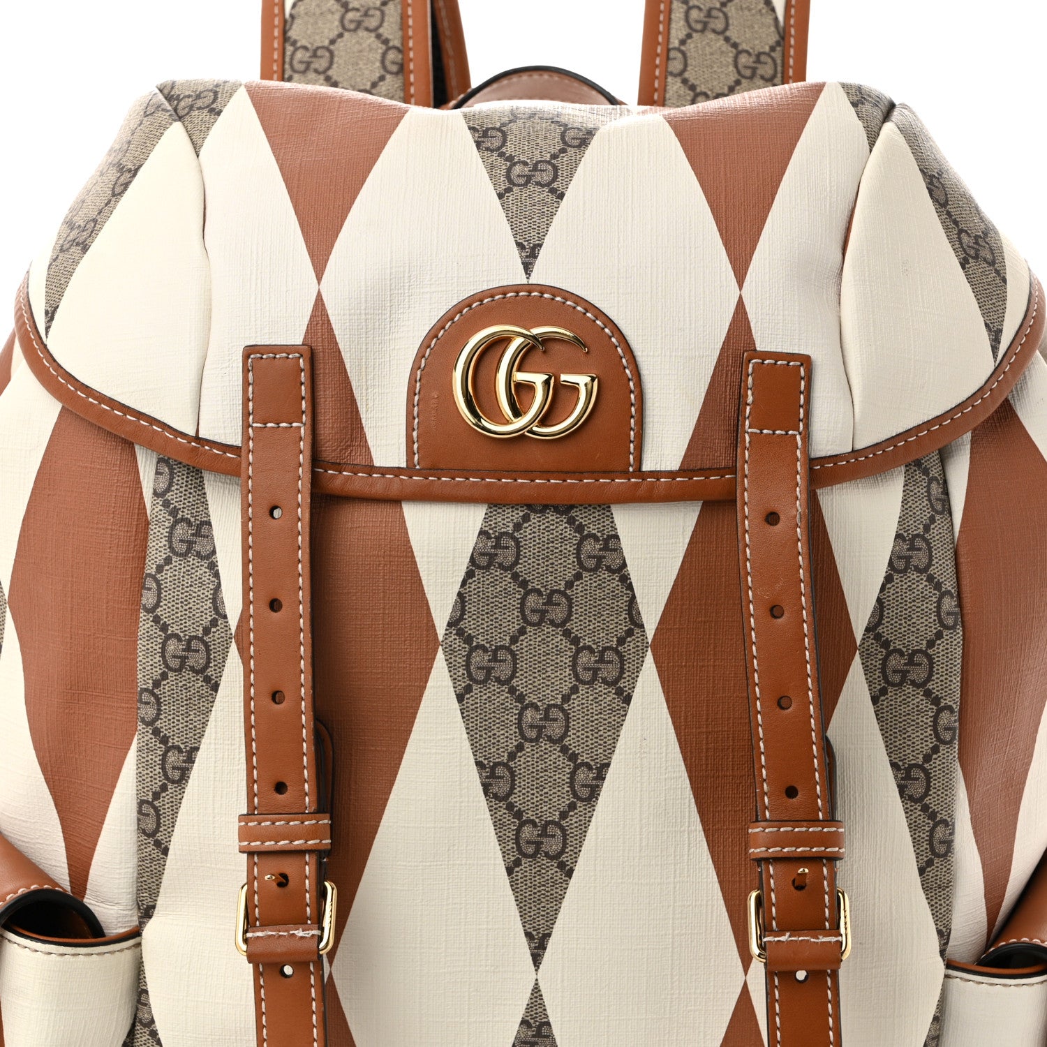 Gucci GG Supreme Monogram Calfskin Rhombus Print Medium Ophidia Double Buckle Backpack Beige Ebony Mystic White Hazel Brown 8 of 11