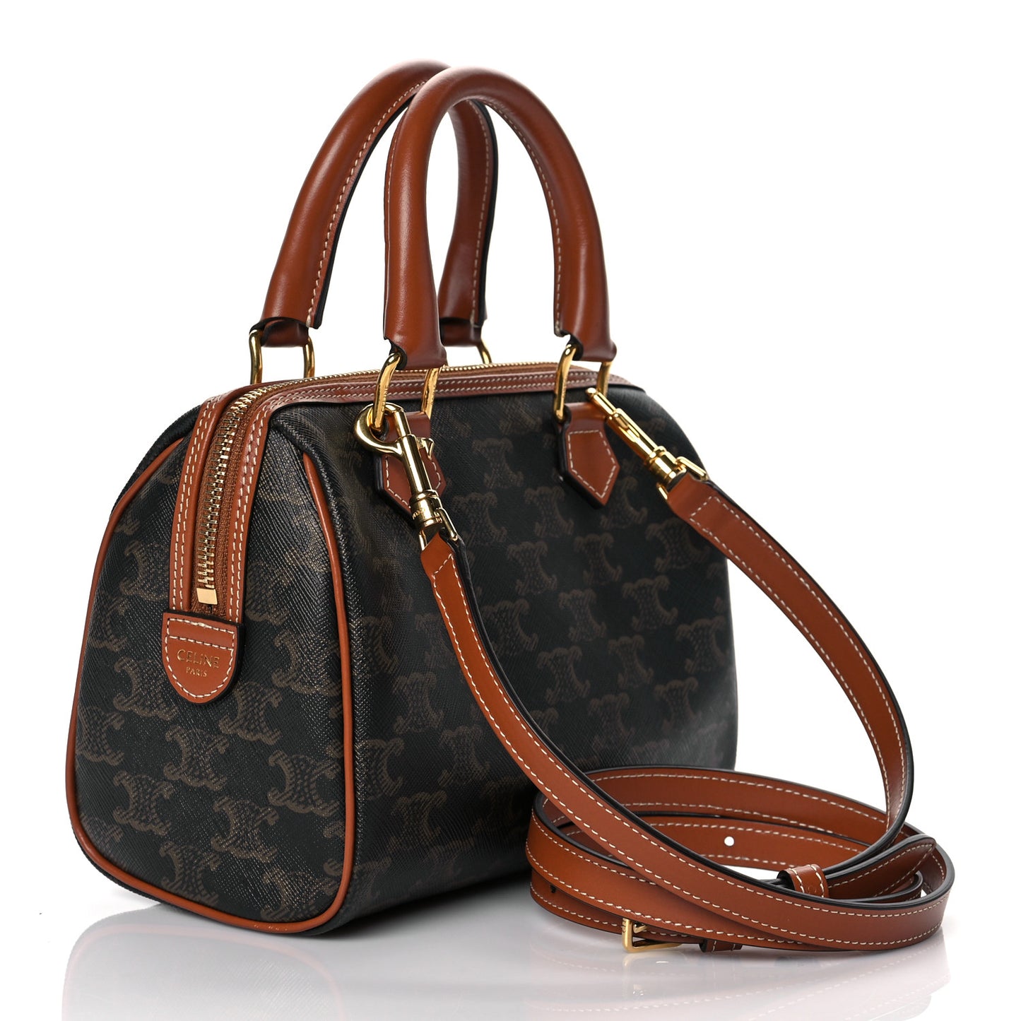 Triomphe Canvas Calfskin Small Boston Bag Tan