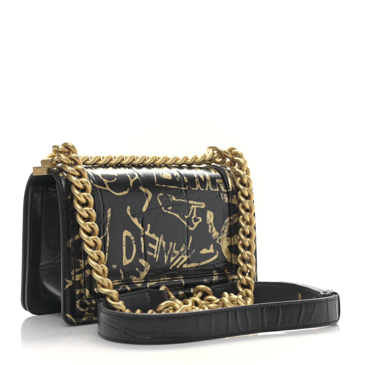 Calfskin Crocodile Embossed Graffiti Cocodile Small Boy Flap Black Gold