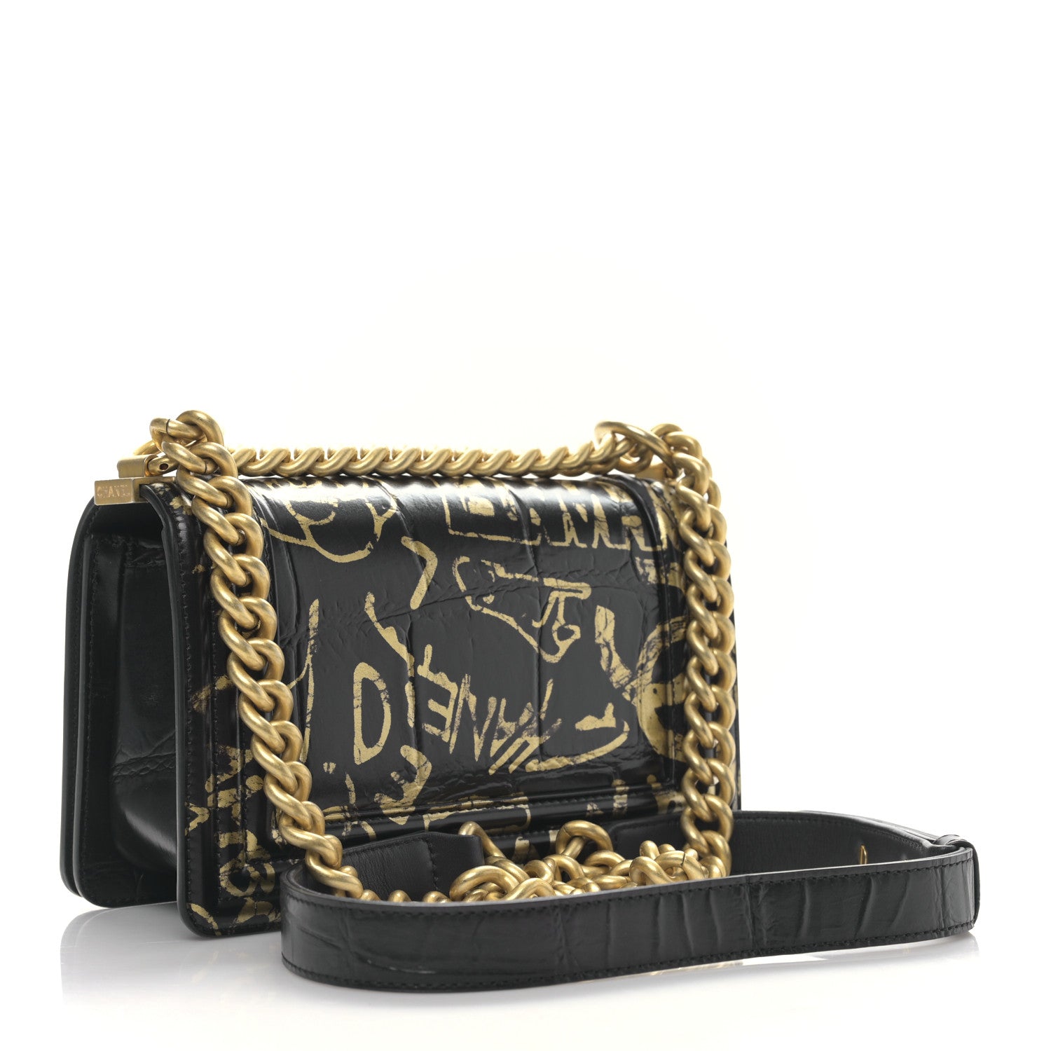 Chanel Calfskin Crocodile Embossed Graffiti Cocodile Small Boy Flap Black Gold 3 of 9