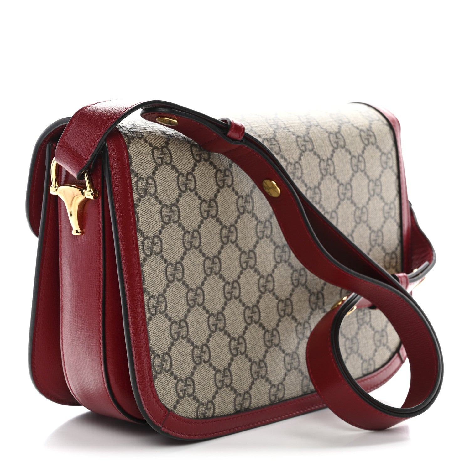 Gucci GG Supreme Monogram Azalea Calfskin Horsebit 1955 Shoulder Bag Beige Ebony New Cherry Red 3 of 10