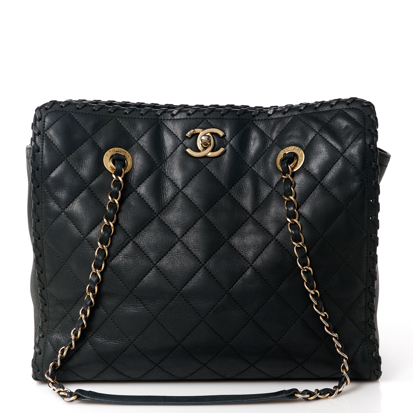 Iridescent Calfskin Quilted Happy Stitch Shopping Tote Black