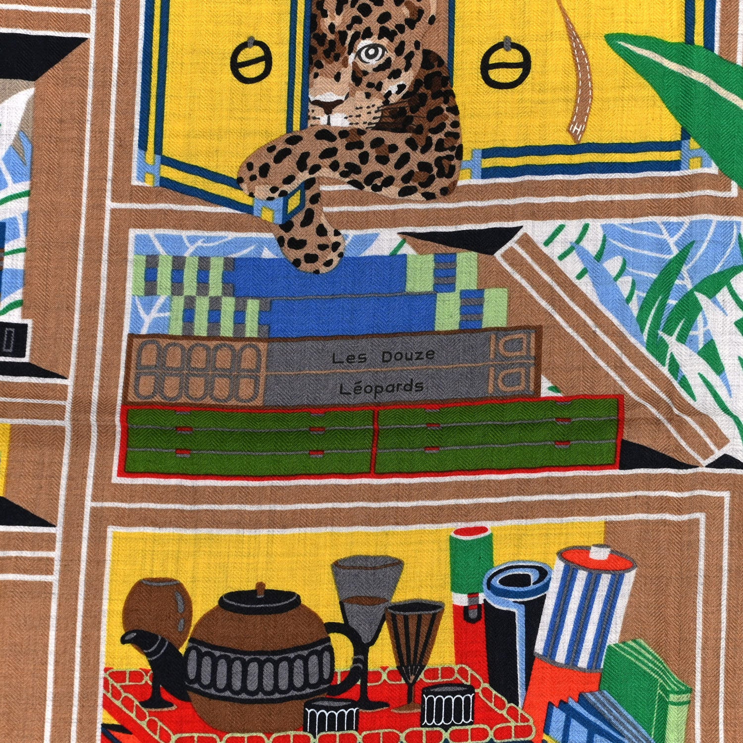 Hermes Cashmere Silk Les Douze Leopards Shawl 140 Gris Chine Vert 3 of 6