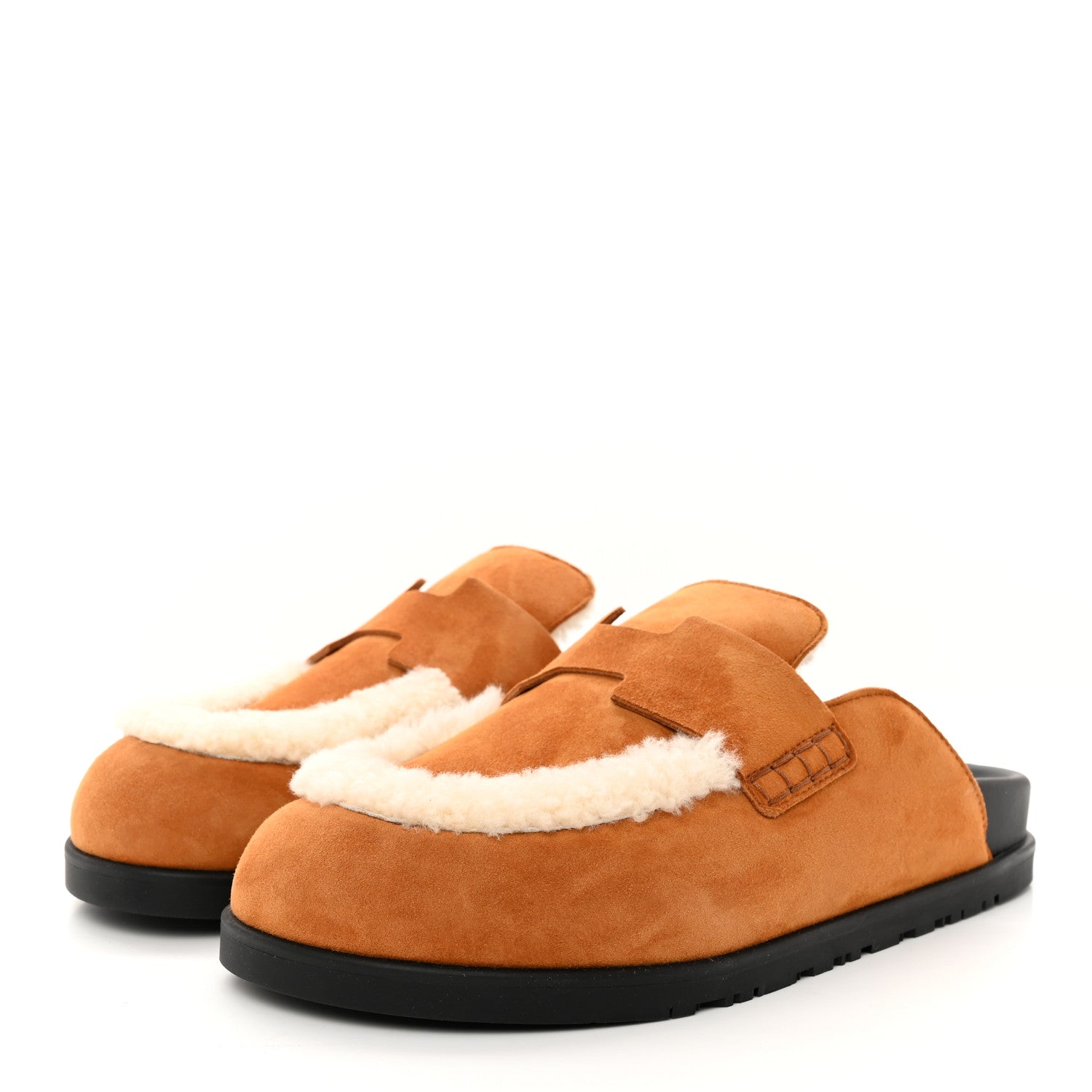Hermes Suede Goatskin Shearling Mens Go Mules 40 Beige Kraft Ecru 3 of 9