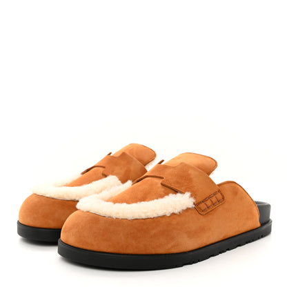 Hermes Suede Goatskin Shearling Mens Go Mules 40 Beige Kraft Ecru 3 of 9