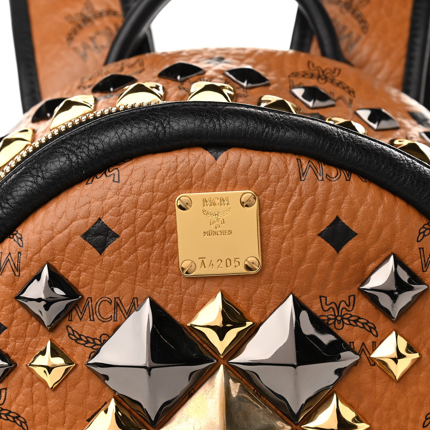 MCM Visetos Studded Colorblock Small Stark Brock Backpack Cognac Black 11 of 12