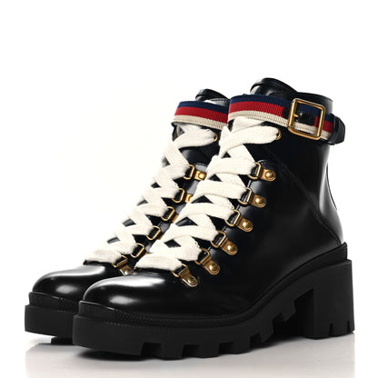 Gucci Calfskin Sylvie Web Lace Up Combat Boots 35 Black 4 of 10