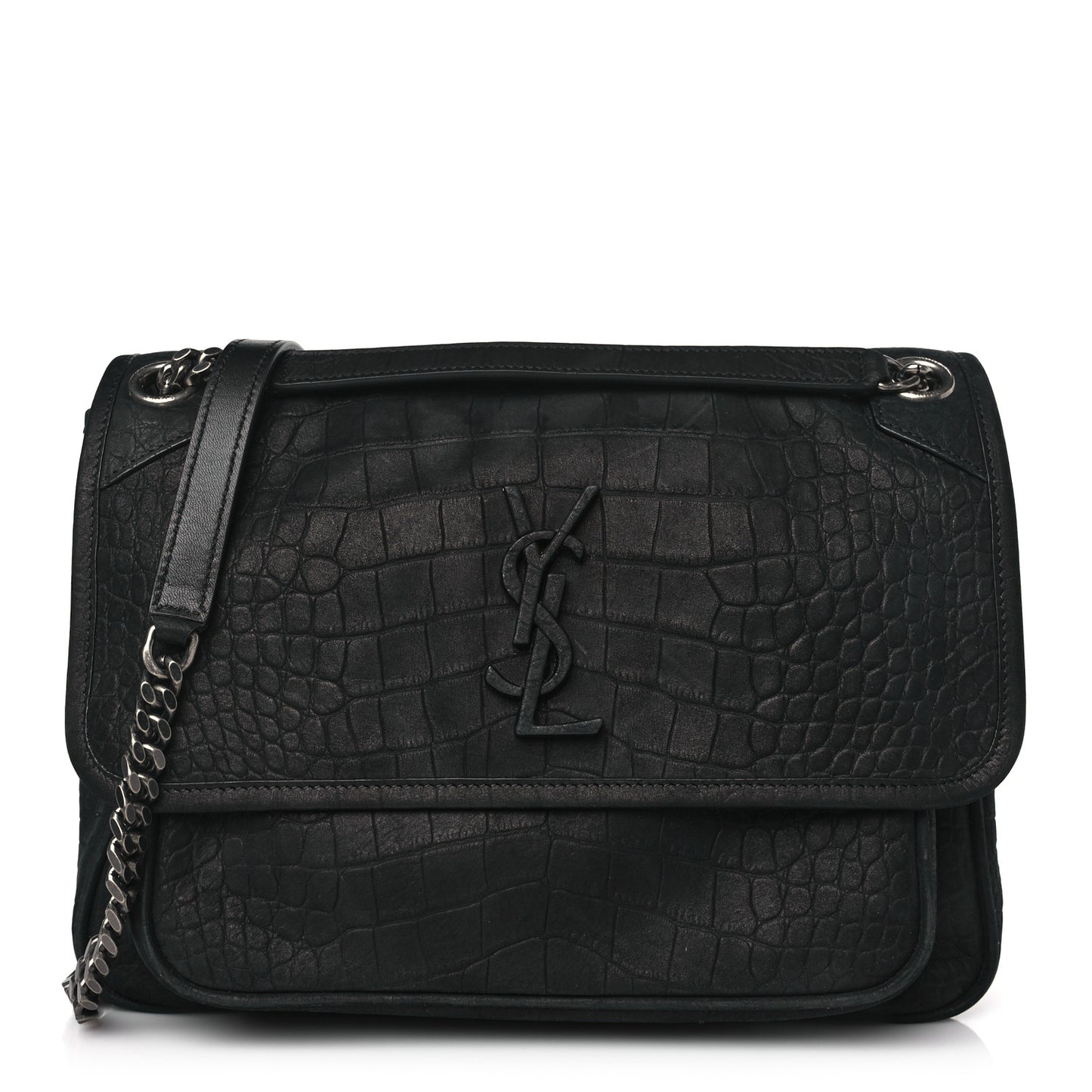 Nubuck Crocodile Embossed Monogram Medium Niki Chain Satchel Black