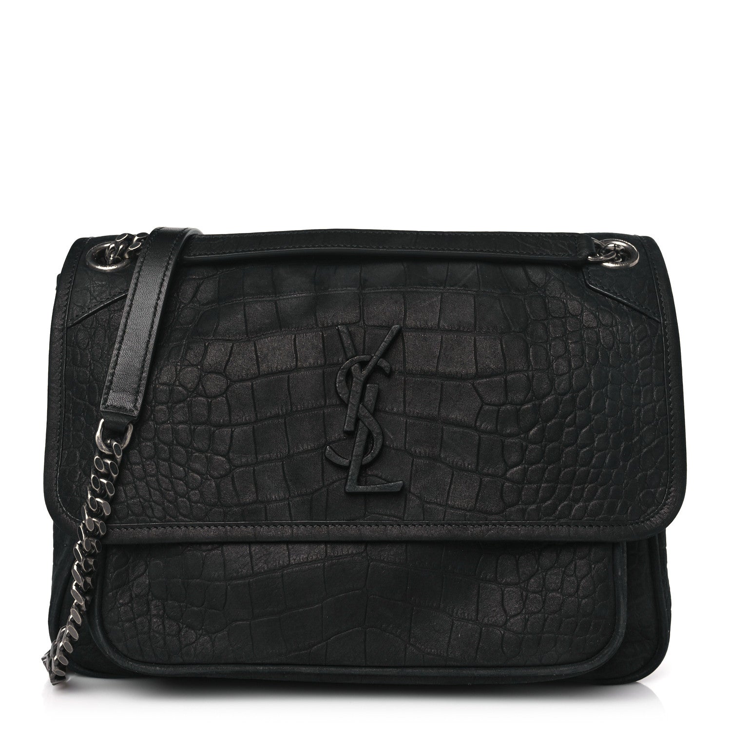 Saint Laurent Nubuck Crocodile Embossed Monogram Medium Niki Chain Satchel Black 1 of 8