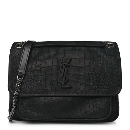 Saint Laurent Nubuck Crocodile Embossed Monogram Medium Niki Chain Satchel Black 1 of 8