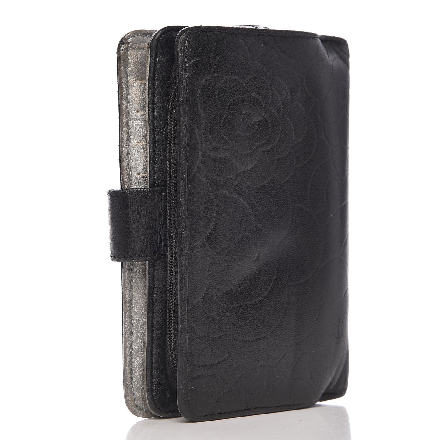 Lambskin Camellia Embossed Zipped Pocket Wallet Black