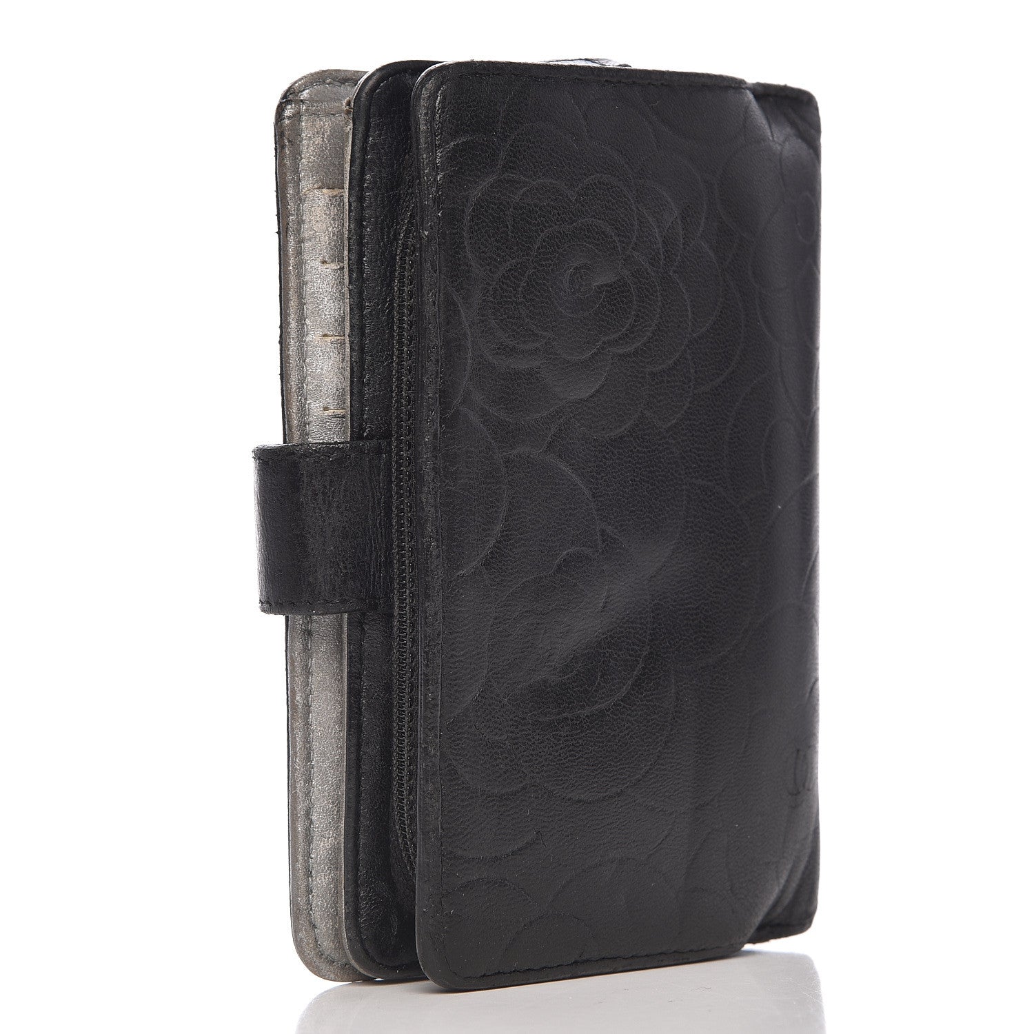 Chanel Lambskin Camellia Embossed Zipped Pocket Wallet Black 3 of 15