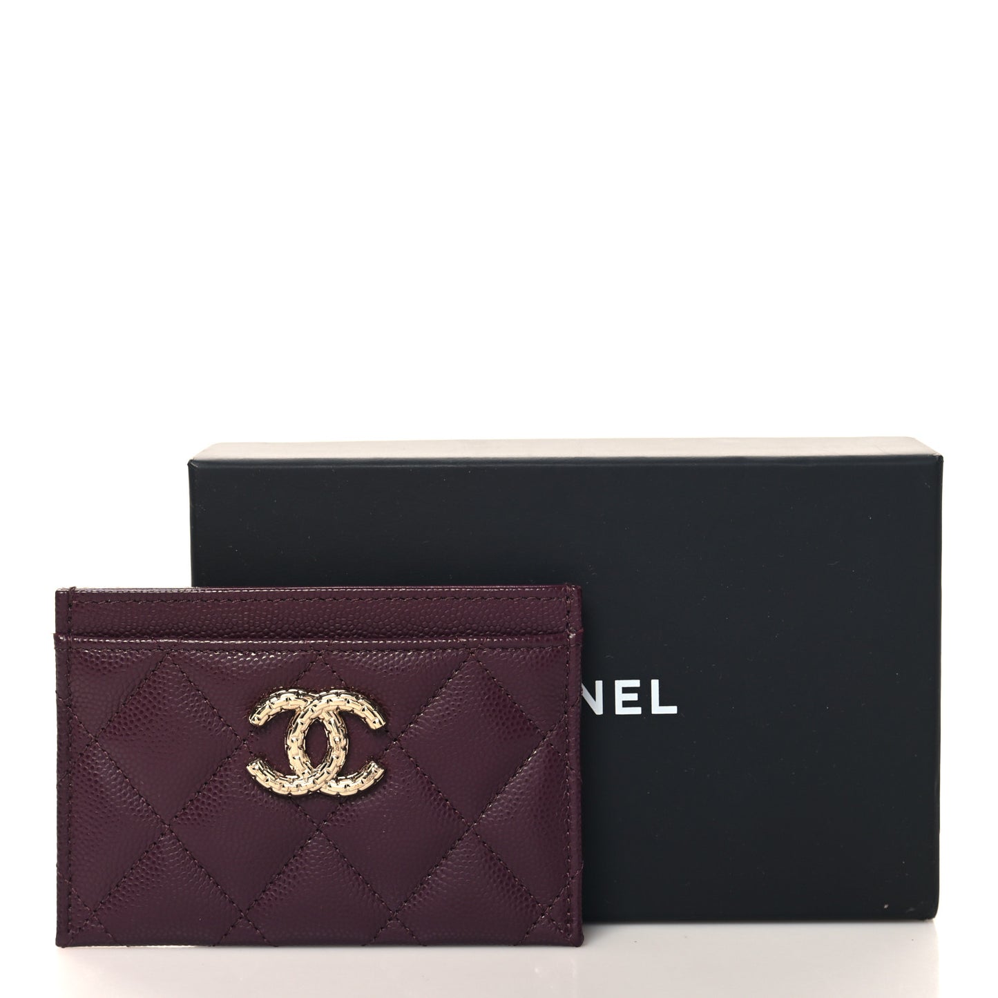 Caviar Quilted Chain Embossed CC Card Holder Dark Burgundy