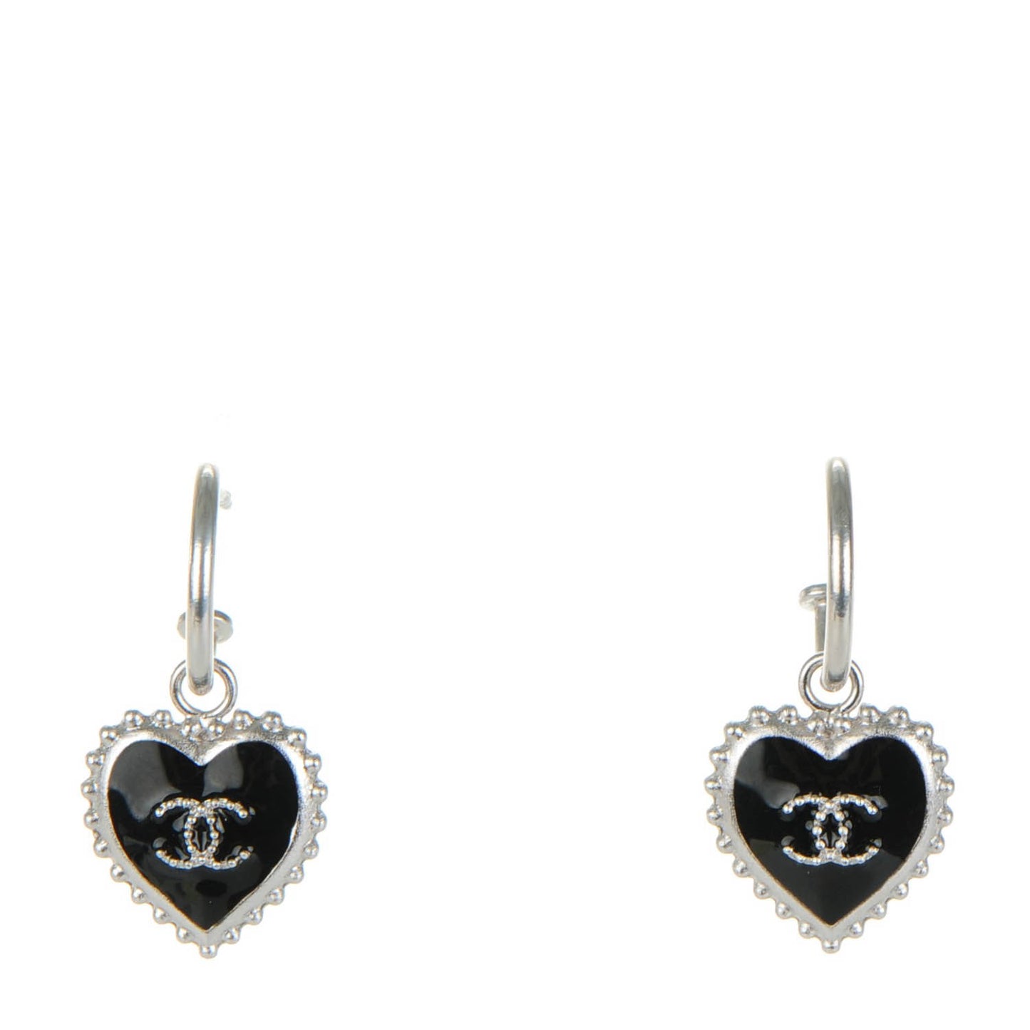 Enamel Heart CC Drop Earrings Black Silver
