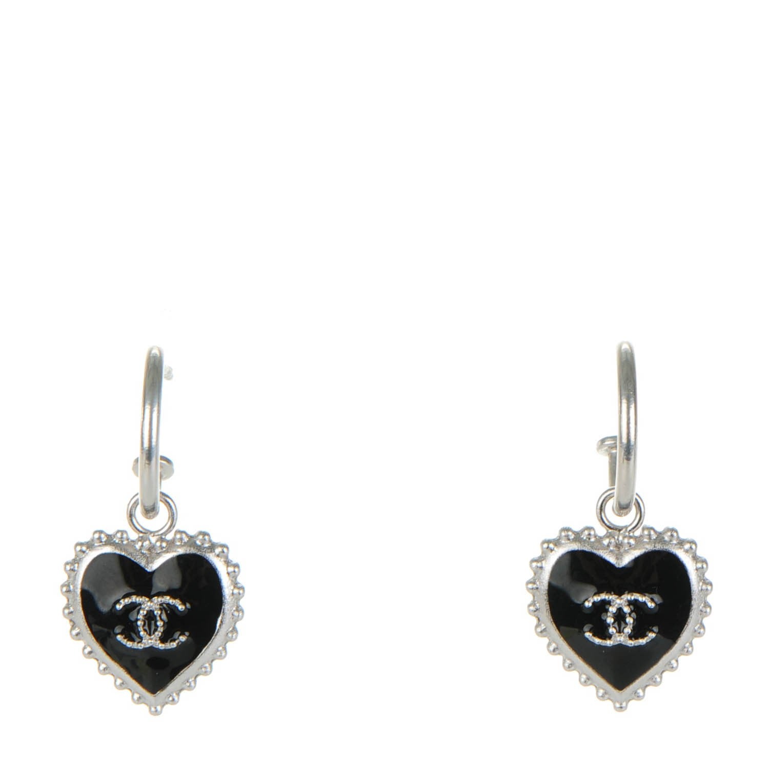 Chanel Enamel Heart CC Drop Earrings Black Silver 1 of 5