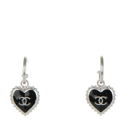 Chanel Enamel Heart CC Drop Earrings Black Silver 1 of 5